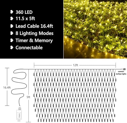 11.5ft x 5ft Christmas Net Lights Outdoor, 360 LED Net Lights with 8 Modes, Connectable, Timer, Waterproof Low Voltage Bush Mesh Fairy String Light for Yard Bush Christmas Indoor Decor (Warm White) - Image 4