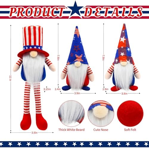 4th of July Gnomes 3Pcs, 250th Anniversary Patriotic Red White and Blue Decorations, Memorial Day Americana Farmhouse Table Tiered Tray Shelf Decor - Image 2