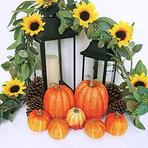 Winlyn 7 Pcs Assorted Artificial Orange Pumpkins Harvest Decorative Foam Pumpkins for Farmhouse Rustic Fall Thanksgiving Halloween Tabletop Centerpiece Mantel Shelf Kitchen Decoration - Image 7