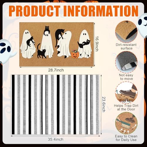 Drydiet 2 Pcs Halloween Door Mat Set, Ghost Cat Pumpkin Front Door Rug - Image 3