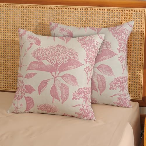 Pink Pillow Covers 24x24 Inch 2 Pcs Boho Vintage Floral Decor Throw Pillows Hydrangea Flower Seasonal Outdoor Farmhouse Neutral Accent Decoration Pillowcase Linen Cushion Cover for Sofa - Image 2