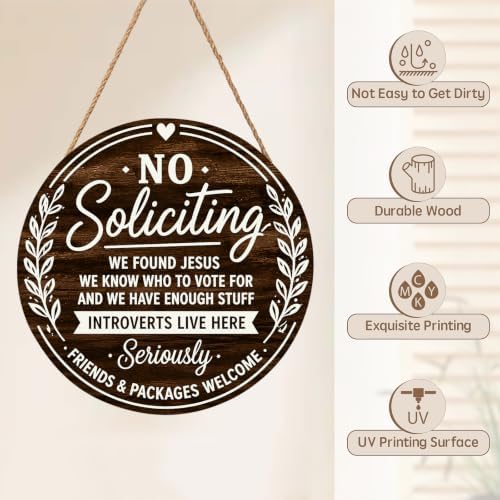 No Soliciting Sign for Front Door Funny Not Knocking Disturb Round Outdoor Hanging Wooden Door Sign for House No Soliciting Home Office Porch Wreath Hanger Sign for Outside Doorbell Wall 12"X12" - Image 3