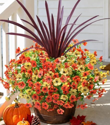 Fall Flowers Artificial Mums for Outdoors Autumn Decor, 12 Bundles Fake Fall Mums with 1 pcs Burgundy Orchid Leaf UV Resistant Realistic Faux Plants for Outside Home Porch Patio Planter, Orange Yellow by florisso
