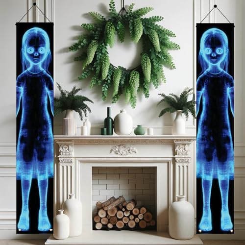 2PCS Halloween Ghost Girl Porch Banners 71 x 12 Inch Creepy Blue Hologram Haunted Spirit Door Decorations Spooky Horror Hanging Signs for Indoor Outdoor Scary Party Entryway Wall Décor - Image 7