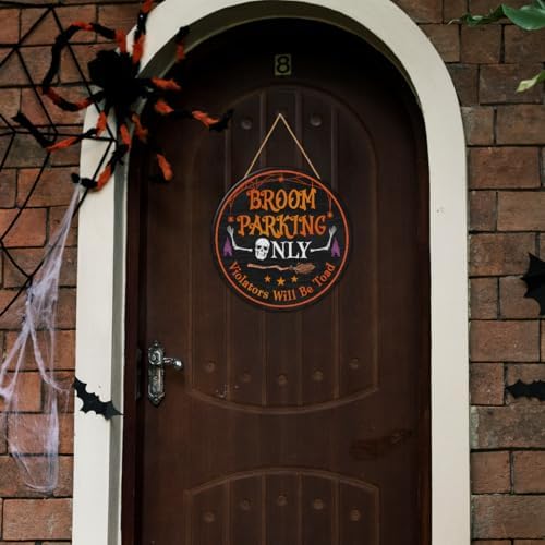 Halloween Door Decor Broom Parking Sign Halloween Witch Skeleton Decoration Wooden Hanger for Front Door Porch Wall Indoor Home Office Decor - Image 3