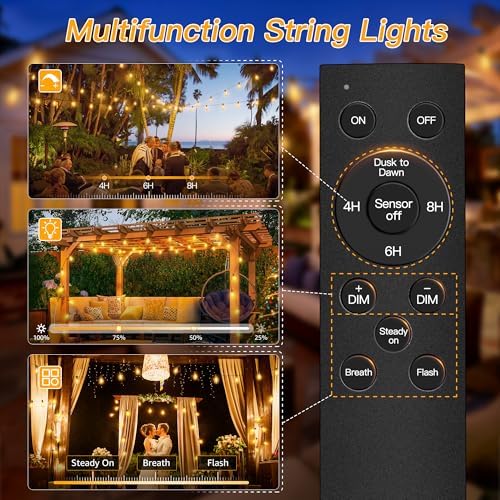 Ollny S11 100FT Outdoor String Lights with Remote, Plug in Waterproof Connectable 3 Modes Dimmable Timers Patio Lights with 48+2 LED Spare Bulbs, Dusk to Dawn Outdoor Light for Outside Bistro Yard - Image 2