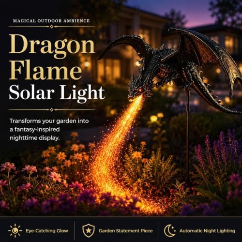Solar Dragon Fire Garden Light, Solar Dragon Fire Garden Stake Light - Goth Outdoor Yard Stake Decor - for Lawn, Pathway, Flower Bed, Patio & Yard - Image 2