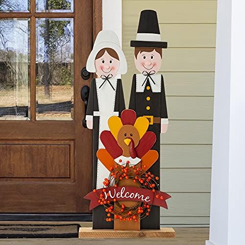 Glitzhome 36''H Thanksgiving Pilgrim Couple with Turkey Porch Sign, Farmhouse Wooden Welcome Sign Standing Porch Decor for Fall Harvest Autumn Thanksgiving - Image 6