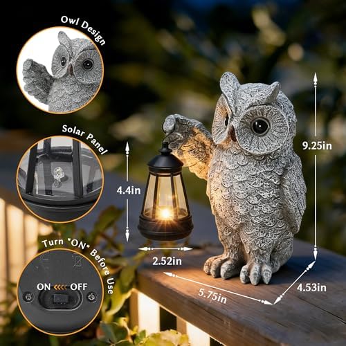 Solar Owl Garden Statues & Light, Outdoor Resin Yard Figurine Decor - Image 2
