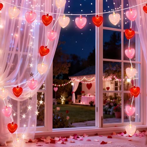 20 LED Valentine's Day Decorations Heart Lights, 12Ft Heart String Lights Outdoor Waterproof with 20 LED Red Pink White Hearts Shaped with Glitter for Room Door Windows Fence Valentines Day Decor - Image 3