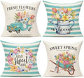 Spring Outdoor Throw Pillow Covers 18x18 Set of 4 Porch Decorative Cushion Cases Floral Farmhouse Flowers Decoration Home Decor for Sofa Couch Bed,Tulips Aqua Teal by WOKANI