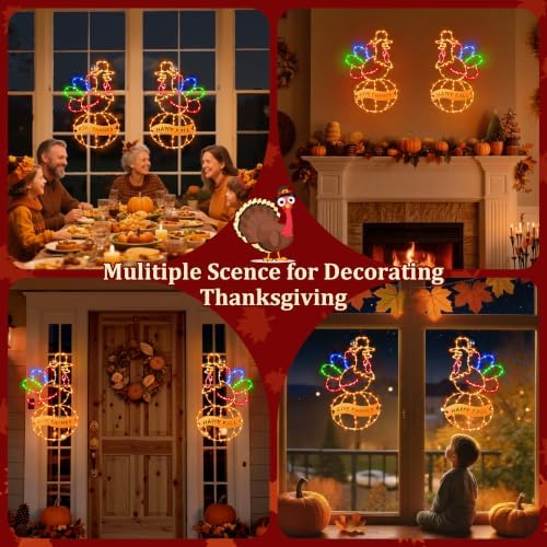 2 Pcs Large Thanksgiving Window Lights Turkey Decorations, Fall Decor Window Lights, LED Turkey Pumpkin Light 2026 Thanksgiving Decor with Timer & 8 Mode & Battery Operated(Yellow Red Green,17") - Image 6