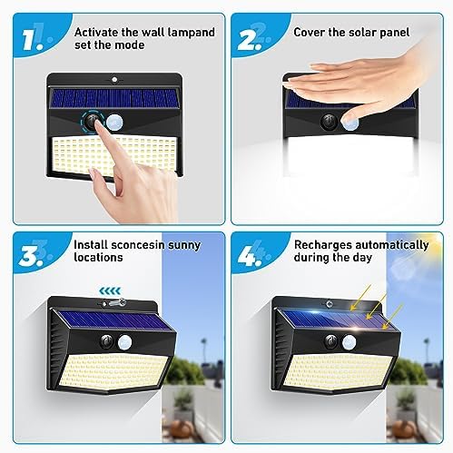 Peasur 2 Packs Solar Outdoor Lights Motion Sensor Solar Security Lights Waterproof with 3 Lighting Modes Solar Powered Wall Lights Outside for Garden Fence Yard - Image 5