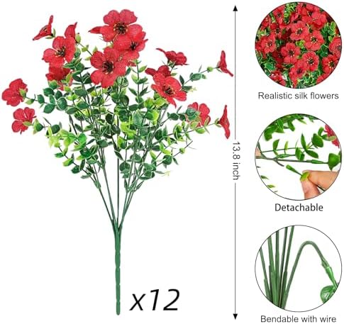 Ouddy Decor 12 Pcs Artificial Flowers for Outdoors Decorations, Red - Image 2
