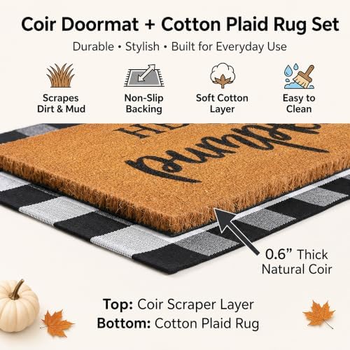 Fall Decor Doormat Combo Set, 100% Coco Coir Welcome Mat + 3' x 5' Black and White Plaid Rug - Fall Thanksgiving Front Porch Entryway Decor Floor Mat, Indoor Outdoors Autumn Mats Hello Pumpkin - Image 4