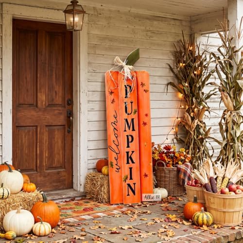 Weysat Fall Pumpkin Porch Sign Thanksgiving Autumn Wooden Welcome Sign Decor for Front Porch Vertical Standing Welcome Decor for Patio Front Door Home Party Wall Yard Farmhouse Outdoor 35 x 12 Inch - Image 3
