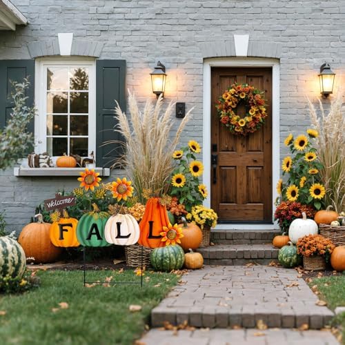 Lanpn Fall Garden Stakes Decorative, Letter Fall Pumpkin Waterproof Metal Yard Signs 2.5ft for Home Lawn Patio Porch Autumn Thanksgiving Harvest Season Outdoor Decor (Style 02, 23.2 x 23.6 inch) - Image 2