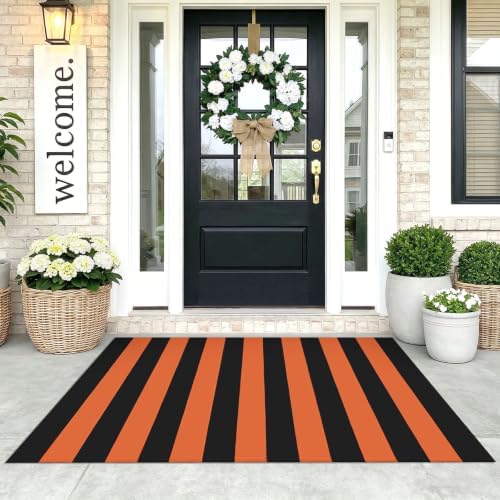 KOZYFLY Striped Rug 3x5 ft Orange and Black Halloween Fall Front Door Rugs by KOZYFLY