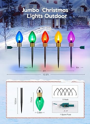 Christmas Lights Jumbo C9 Outdoor Lawn Decorations with Pathway Marker Stakes, 2 Pack 8.5 Feet String Lights Covered Jumbo Multicolored Light Bulb for Holiday Outside Yard Garden Decor, 10 Lights - Image 5