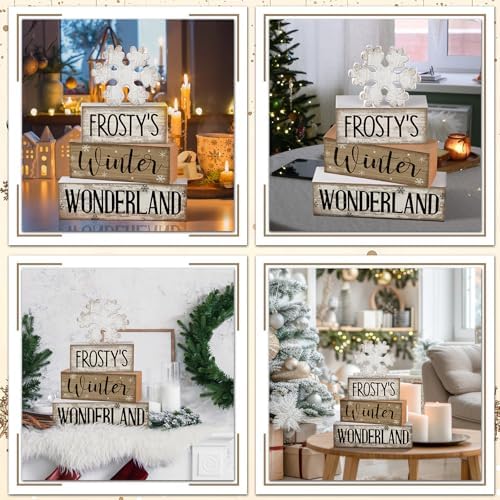 Lineshading 4 Pcs Winter Table Decorations Wooden Snowflake Decor Winter Tiered Tray Decor Rustic Snow Block Signs Gift Farmhouse Snowflake Table Centerpiece for Wonderland Party Kitchen Home - Image 4