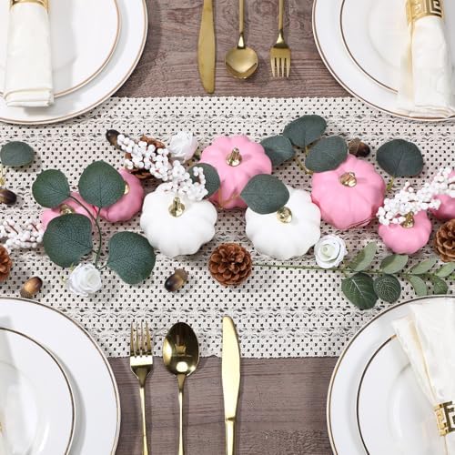 Suncalla 56 Pcs Artificial Pumpkin Eucalyptus Leaves Fall Decor, White,Pink - Image 5