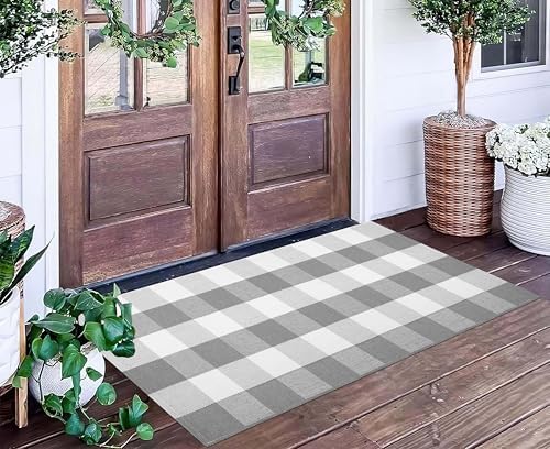 Grey and White Outdoor Rug 24"x51"Cotton Washable Checkered Front Porch Mat - Image 6