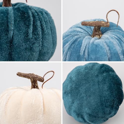 Briful Fall Pumpkins Decoration for Home, 6PCS Blue and White Velvet Fake Pumpkin Decor for Autumn Harvest Thanksgiving Halloween Table Centerpiece Tier Tray Shelf Farmhouse Decoration(4 Inch) - Image 3