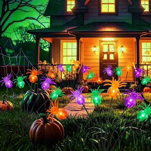 OZS 6Pack Total 36LED Spider Solar Halloween Lights Outdoor - Solar Firefly Lights Outdoor, Sway by Wind, Waterproof for Garden Patio Pathway Halloween Decorations (Purple Orange Green) - Image 3