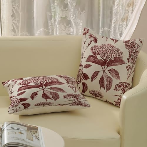 Burgundy Red Pillow Covers 20x20 Inch 2 Pcs Boho Vintage Floral Decor Throw Pillows Hydrangea Flower Seasonal Outdoor Farmhouse Neutral Accent Decoration Pillowcase Linen Cushion Cover for Sofa - Image 4