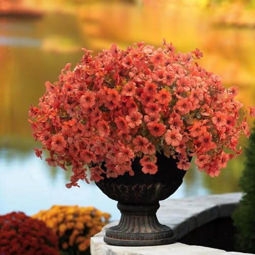 Grunyia Fall Outdoor Artificial Flowers 16 Bundles - UV Resistant Faux Daisy with Eucalyptus Leaves, Weatherproof Fake Plants for Porch, Patio, Garden Decor, Indoor Outdoor Decor (Fall Orange Red) - Image 2