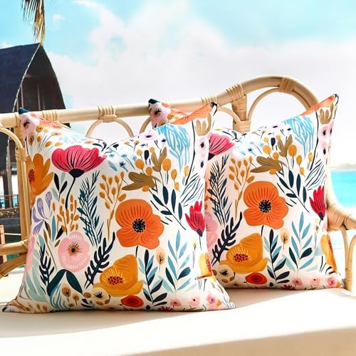 Spring Pillow Covers 18x18 Outdoor Pillow Covers Farmhouse Wildfloral Set of 2 Multicolor Orange and Pink Flowers Leaves Beauty Floral Blossom Garden Cushion Case Spring Decorations for Home Garden by KWLET