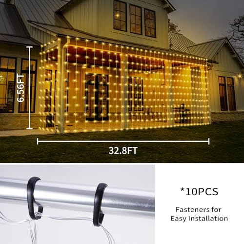 32.8 * 6.56FT Large Size Solar Curtain Lights Outdoor, 8 Modes Outdoor Curtain String Light, Solar Garden Christmas Lights Decortions for Patio, Gazebo, Eaves, Fence, Tree, Porch (Warm White) - Image 3