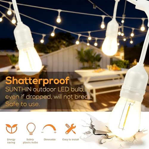 SUNTHIN 105FT White Outdoor String Lights, 34 1W LED Bulbs - Image 5