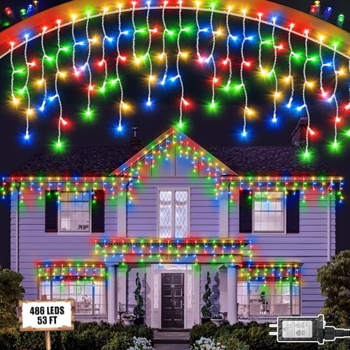 Christmas Lights Outdoor, 53 FT 486 LED Christmas Lights for Outside, Timer & Memory, Plug in 8 Modes Hanging Fairy Lights with 108 Drops for House Eaves Yard Patio Holidays Decorations, Multicolor by JIXXULVU
