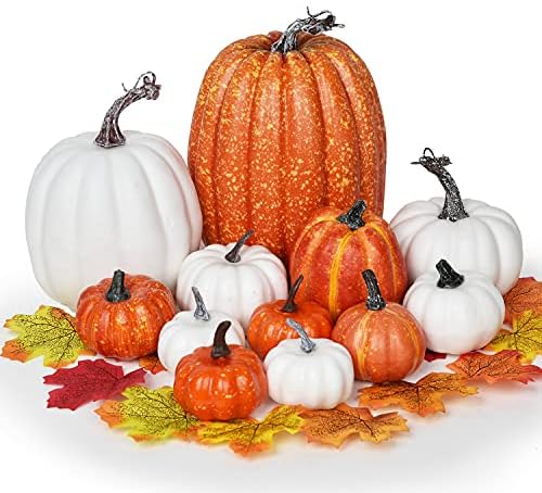 DearHouse 12Pcs Thanksgiving Artificial Pumpkins Set Clearance, Fall Pumpkins with Maple Leaves for Autumn Thanksgiving Holiday Home Decor by DearHouse