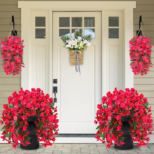 Sggvecsy Artificial Fake Hanging Flowers Plants for Outdoor Outside Spring Summer Decoration 4PCS Faux Silk UV Resistant Realistic Morning Glory Trailing Vines for Home Porch Patio Balcony(Rose red) - Image 3