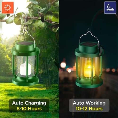Solar Lantern Outdoor & Indoor Use – Hanging Solar Lights with Realistic Flickering Flameless Candle, Weatherproof for Gardens, Patios, Trees, and Lawns (Green, 1 Pack) - Image 2