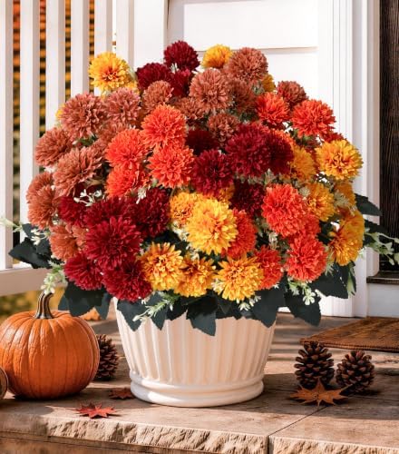 Fake Mums Artificial Fall Flowers for Outdoors Outside Decorations, 12 Bundles Silk Chrysanthemums Fall Flowers Faux Mums for Outdoor Planters Realistic UV Resistant Marigold for Porch Patio Home by Ivydale