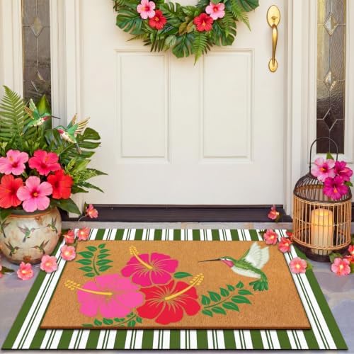 Drydiet 2 Pcs Summer Front Door Mat Set, Hibiscus Coir Striped Doormat by Drydiet