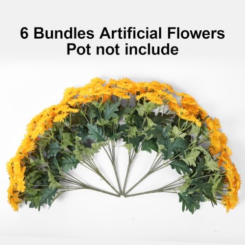 HyeFlora Artificial Fall Faux Mums Flowers Outdoor Plants for Decoration, 6 Bundles Fake Silk Yellow Gerbera Daisy Flowers UV Resistant Look Real for Planter Outside Front Door Porch Patio Balcony - Image 4