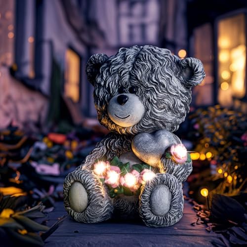 YDKOJGW Solar Garden Outdoor Statues Bear with Heart and Pink Flower and 5 LED Lights-Lawn Decor Bear Statue for Patio, Balcony, Yard Ornament-Unique Housewarming Gifts for Mom, Women - Image 5