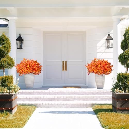 Grunyia 16 Bundles Artificial Fall Flowers for Outdoors Fake Plants UV Resistant Plastic Plants Shrubs Bushes for Home Fall Front Door Porch Garden Autumn Decor (Fall Orange) - Image 4