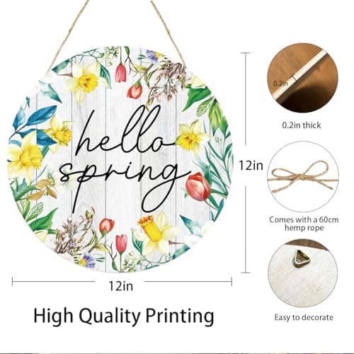 Hello Sign for Front Door Decor, Spring Flowers Wooden Sign Indoor Wall Hanging Decor Round Hanging Decoration for Home Front Door Porch - Image 2