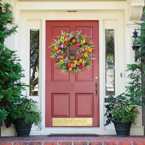 Sggvecsy Spring Summer Wreath for Front Door 22 Inch Artificial Tulips Wreath with Eucalyptus Leaves Lavender Ferns Colorful Silk Flowers Butterflies for Home Farmhouse Indoor Outdoor Wall Decor - Image 4