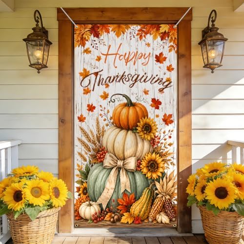 NYZE Happy Thanksgiving Pumpkin Door Cover, Fall Harvest Sunflower Door Banner, Autumn Maple Leaf Farmhouse Porch Decor for Thanksgiving Indoor Outdoor by GIVEYOUTHEBEST