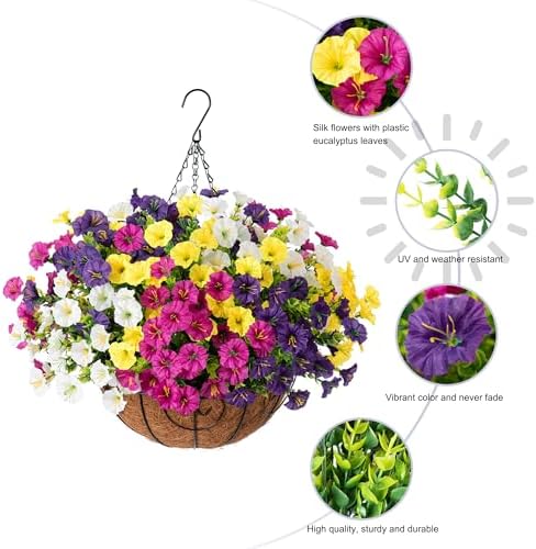 Ivydale Artificial Faux Hanging Plants Flowers Basket for Fall Outdoors Decoration, Fake Silk Colorful Morning Glory with Eucalyptus Look Real UV Resistant for Outside Porch Patio Balcony Garden Home - Image 5