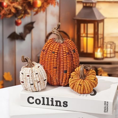 Briful Fall Decorative Corn Pumpkin Set – 3-in-1 Resin Pumpkins Harvest Décor Fake Corn Pumpkins Centerpiece for Thanksgiving Table Tiered Tray Outdoor Autumn Decorations - Image 7