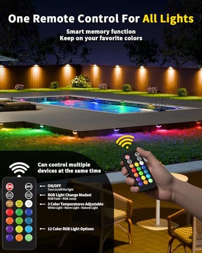 Solar Deck Lights Outdoor 4 Pack, 12 Color Changing Solar Powered Step Lighting with Remote, IP67 Waterproof Led RGB Colors Lamp for Outside Fence, Step, Stair Railing, Wall, Patio, Pool - Image 2
