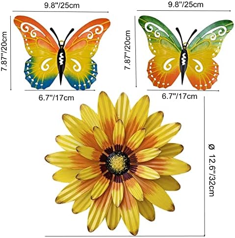 Meduofon Metal Flowers Wall Decor and Butterfly Wall Art, 3 Pack Metal Outdoor Wall Art Decor, Fence Art Wall Sculptures for Indoor Outside Garden Patio Decorations (Yellow&Green) - Image 3