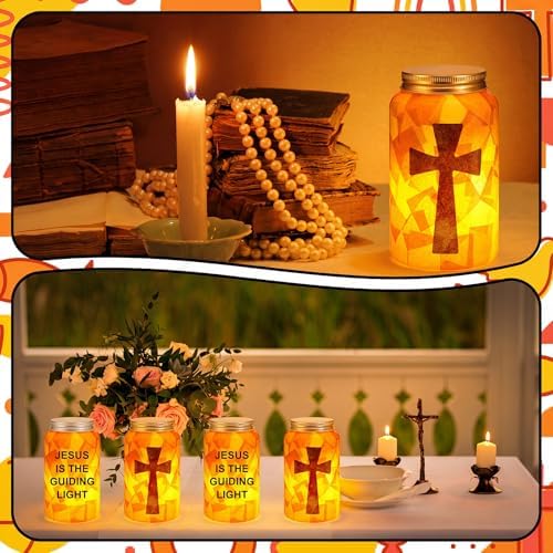 Qinyoung 12 Sets Religious Cross Crafts Jesus Lights The Way Mason Jars Tissue Paper Crafts with LED Candle Light Make Your Own VBS Mason Jars Decoration for Camping Sunday School Projects Activity - Image 4